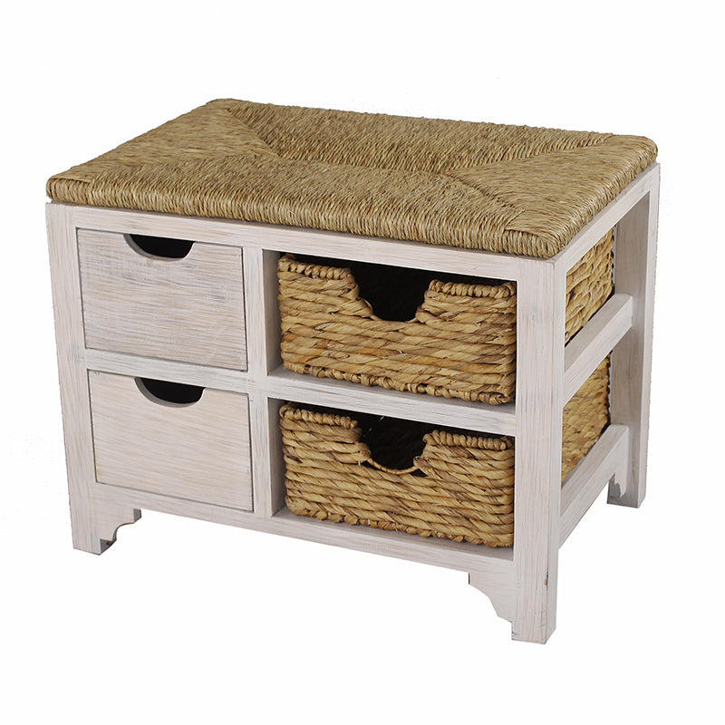 25" X 17" X 20" White Wash W  Natural Seagrass Wood  MDF  Water Hyacinth Bench with  Drawers   Hyacinth Baskets  and a Seagrass Top
