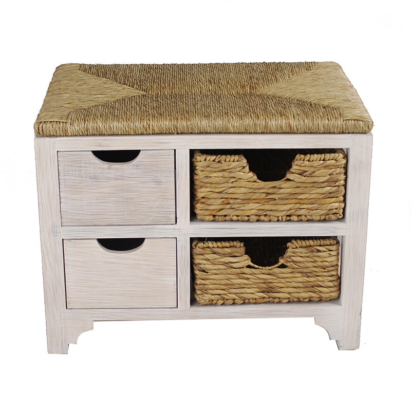 25" X 17" X 20" White Wash W  Natural Seagrass Wood  MDF  Water Hyacinth Bench with  Drawers   Hyacinth Baskets  and a Seagrass Top