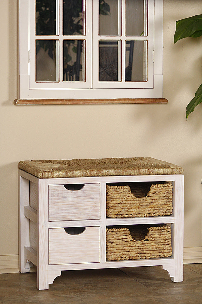 25" X 17" X 20" White Wash W  Natural Seagrass Wood  MDF  Water Hyacinth Bench with  Drawers   Hyacinth Baskets  and a Seagrass Top