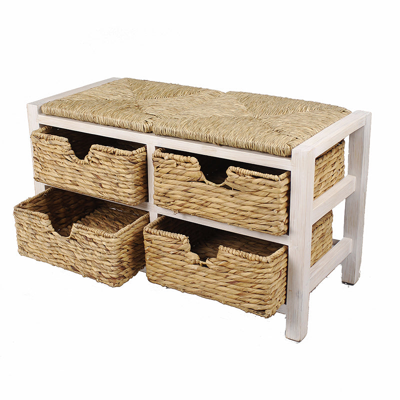 33.5" X 16" X 20" White Wash with Natural Seagrass Wood MDF Water Hyacinth Bench with Hyacinth Baskets and a Seagrass Top