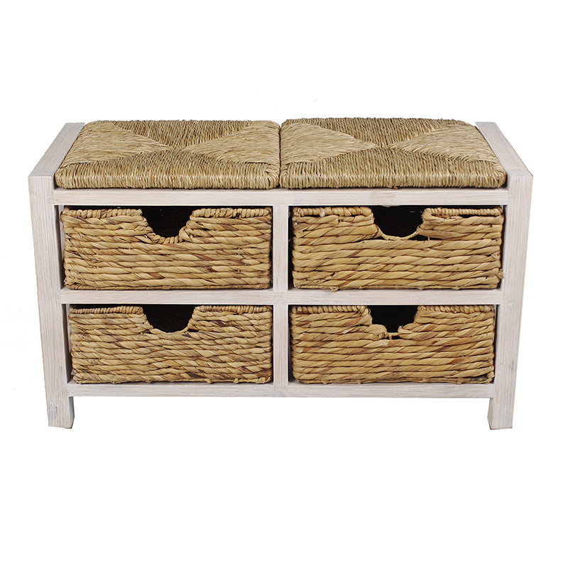 33.5" X 16" X 20" White Wash with Natural Seagrass Wood MDF Water Hyacinth Bench with Hyacinth Baskets and a Seagrass Top