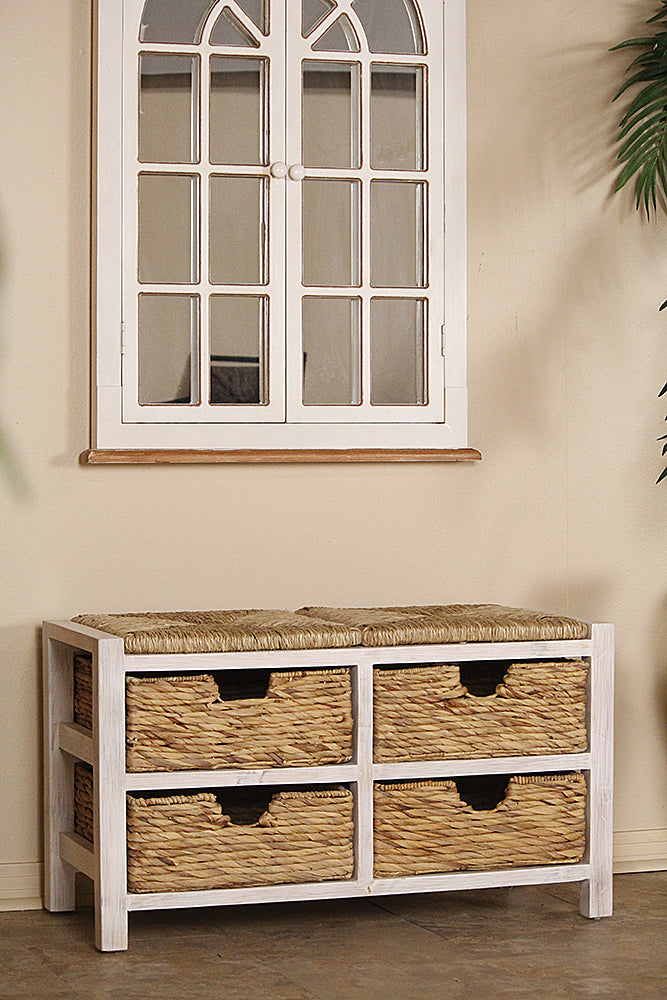 33.5" X 16" X 20" White Wash with Natural Seagrass Wood MDF Water Hyacinth Bench with Hyacinth Baskets and a Seagrass Top