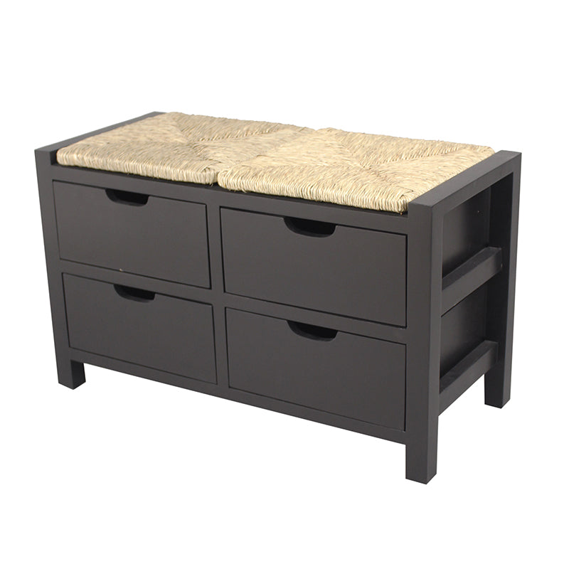 32" X 15" X 20" Black W  Natural Sea Grass Wood  MDF  Seagrass Bench with  Drawers and a Seagrass Top
