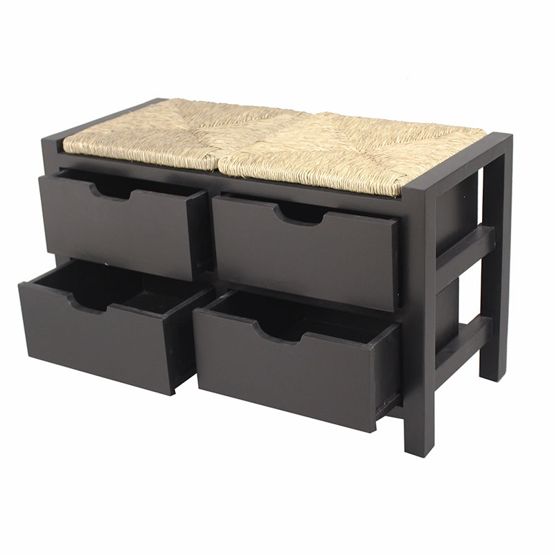 32" X 15" X 20" Black W  Natural Sea Grass Wood  MDF  Seagrass Bench with  Drawers and a Seagrass Top