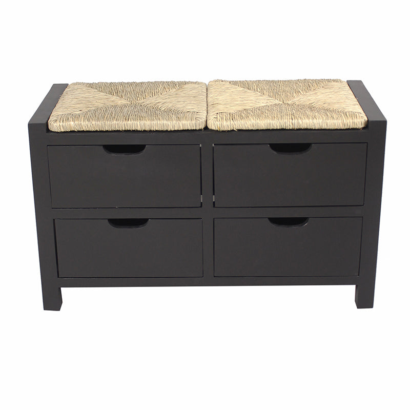 32" X 15" X 20" Black W  Natural Sea Grass Wood  MDF  Seagrass Bench with  Drawers and a Seagrass Top