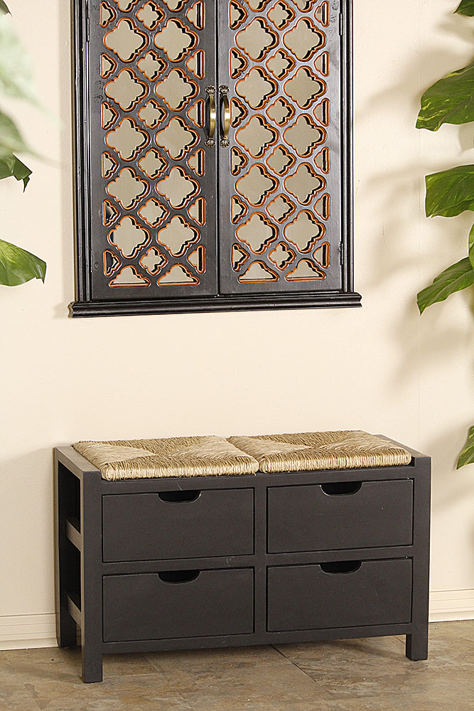 32" X 15" X 20" Black W  Natural Sea Grass Wood  MDF  Seagrass Bench with  Drawers and a Seagrass Top