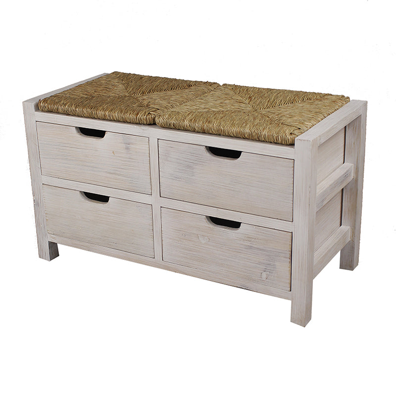 32" X 15" X 20" White Wash W  Natural Seagrass Wood  MDF  Seagrass Bench with  Drawers and a Seagrass Top