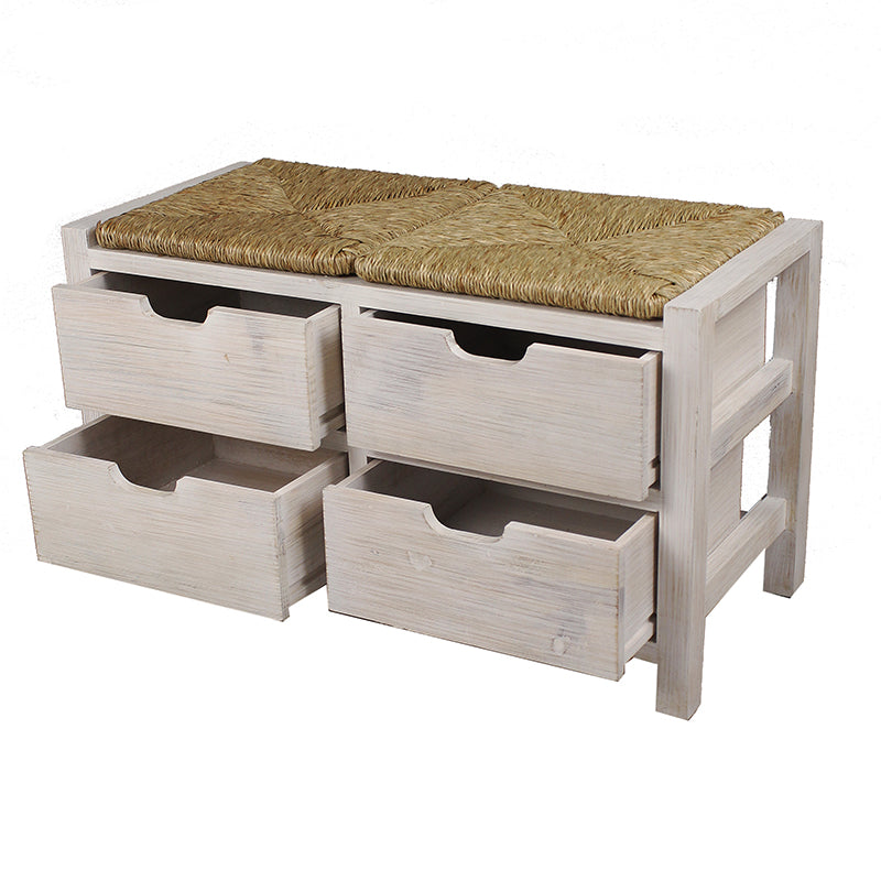 32" X 15" X 20" White Wash W  Natural Seagrass Wood  MDF  Seagrass Bench with  Drawers and a Seagrass Top