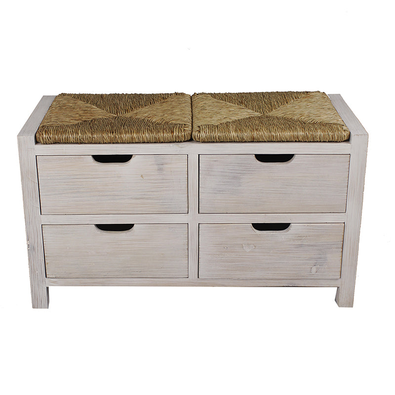 32" X 15" X 20" White Wash W  Natural Seagrass Wood  MDF  Seagrass Bench with  Drawers and a Seagrass Top