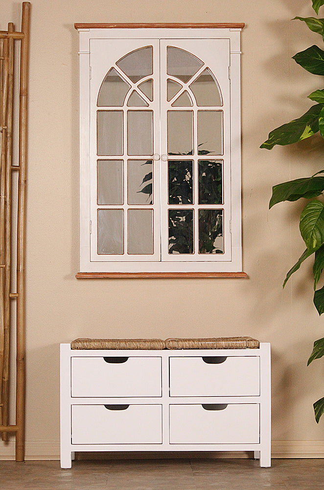 32" X 15" X 20" White Wash W  Natural Seagrass Wood  MDF  Seagrass Bench with  Drawers and a Seagrass Top