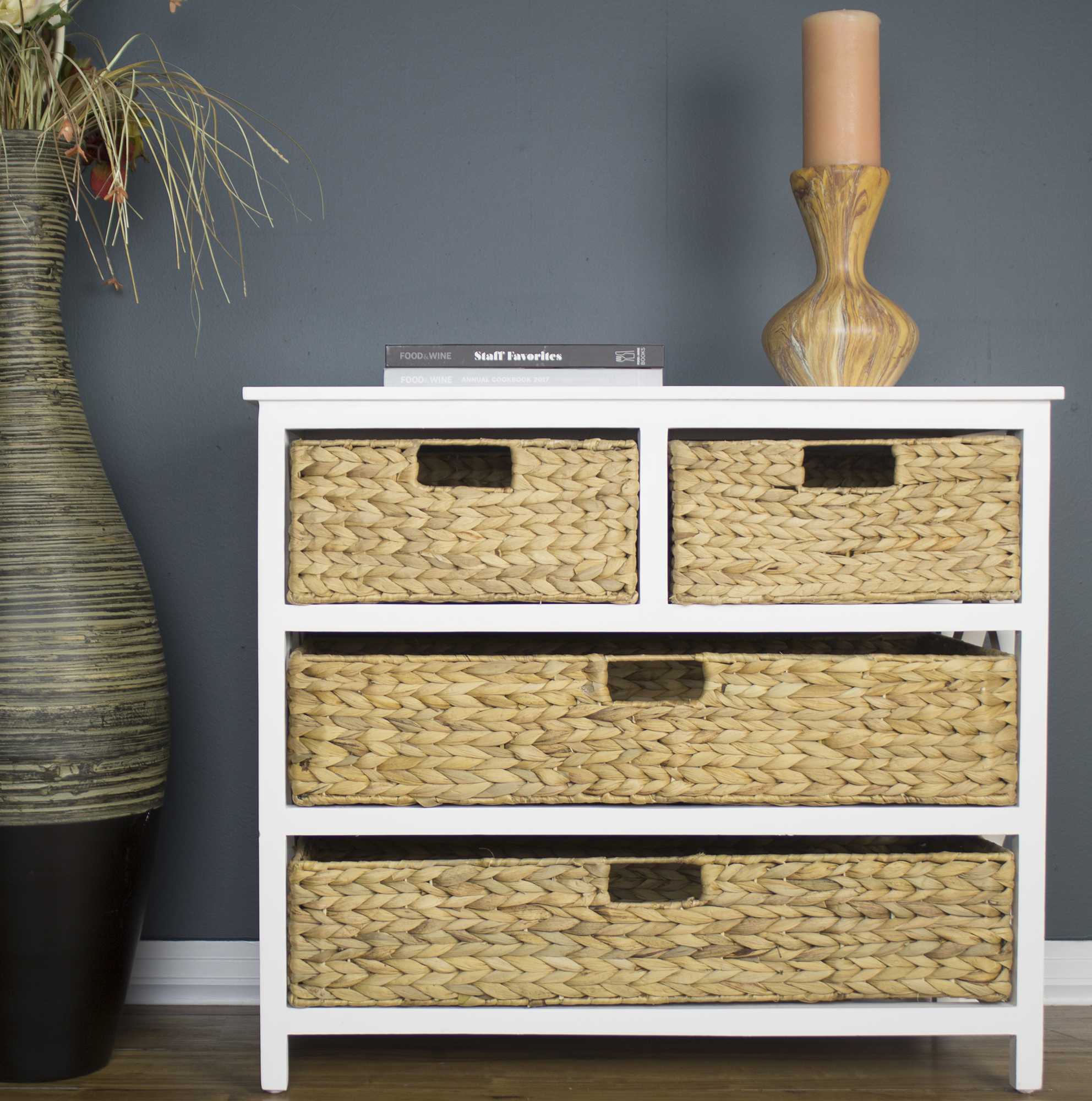 29" X 13.75" X 25.5" White Wash with Natural Water Hyacinth Wood MDF Water Hyacinth Cabinet with Hyacinth Storage Baskets in Tiers