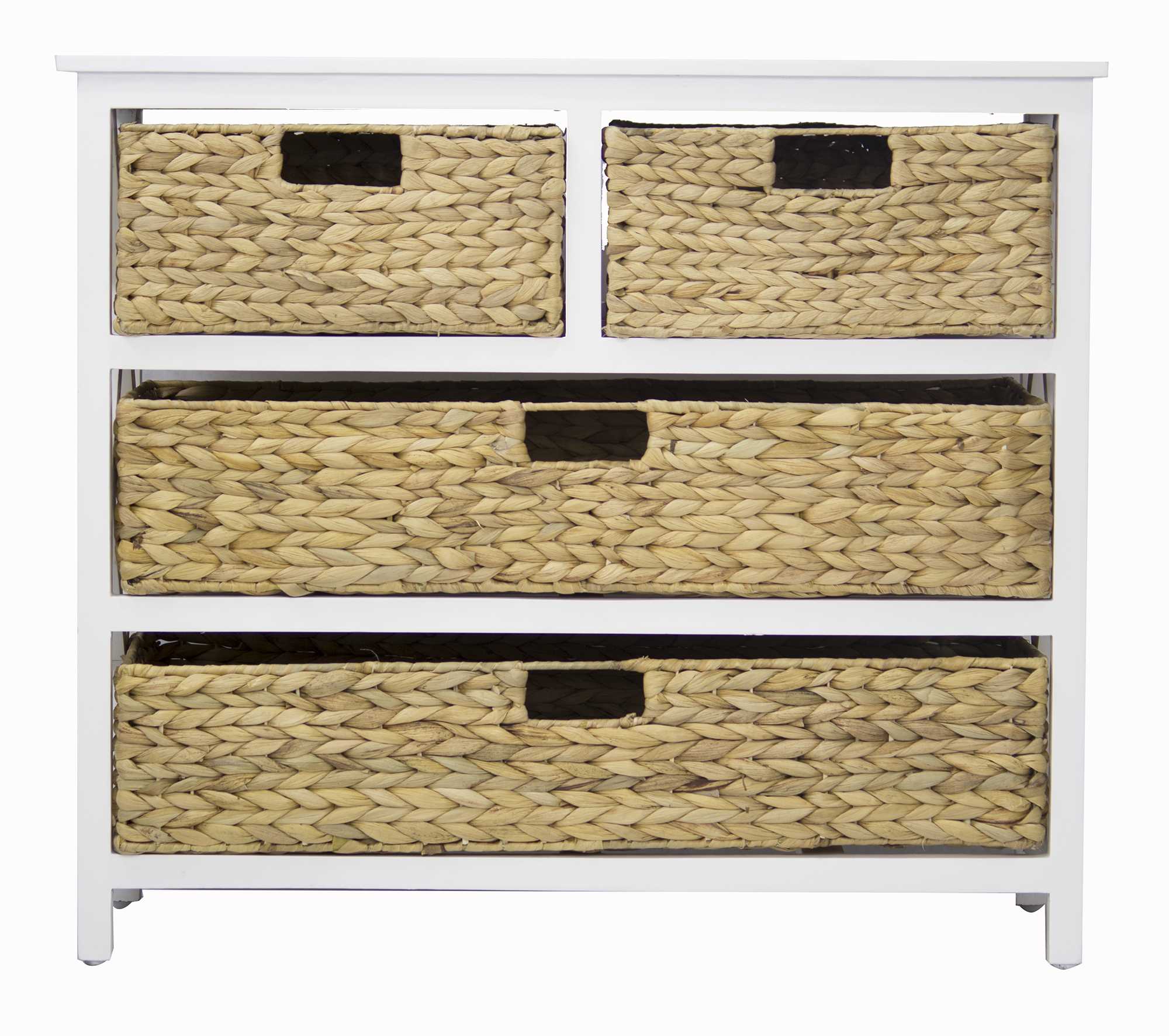 29" X 13.75" X 25.5" White Wash with Natural Water Hyacinth Wood MDF Water Hyacinth Cabinet with Hyacinth Storage Baskets in Tiers