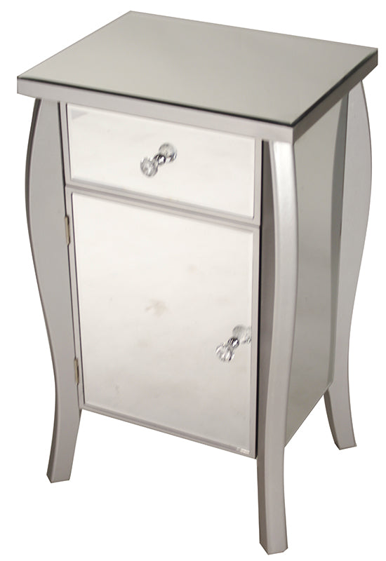18.75" X 14.5" X 30.45" Silver MDF Wood Mirrored Glass Tall Accent Cabinet with a Mirrored Glass Drawer and Door