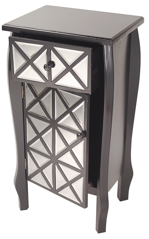 17.3" X 13" X 32.7" Black MDF Wood Mirrored Glass Accent Cabinet with Mirrored Drawer and Door