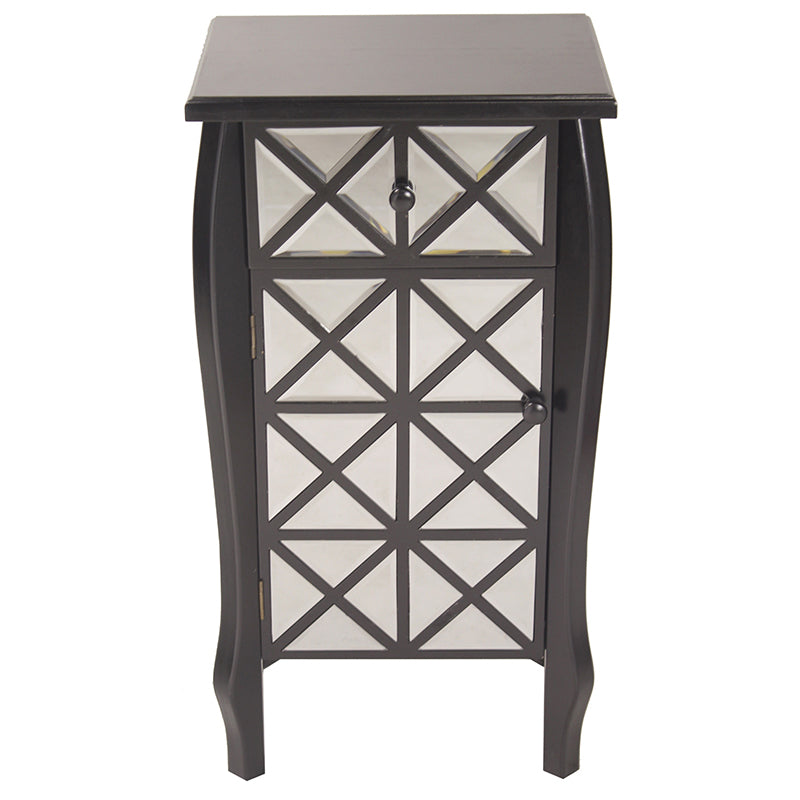 17.3" X 13" X 32.7" Black MDF Wood Mirrored Glass Accent Cabinet with Mirrored Drawer and Door