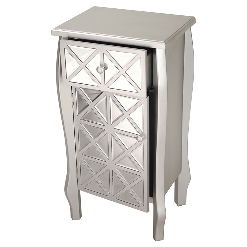 17.3" X 13" X 32.7" Silver with Smoked Mirror MDF Wood Mirrored Glass Accent Cabinet with Smoked Mirrored Drawer and Door