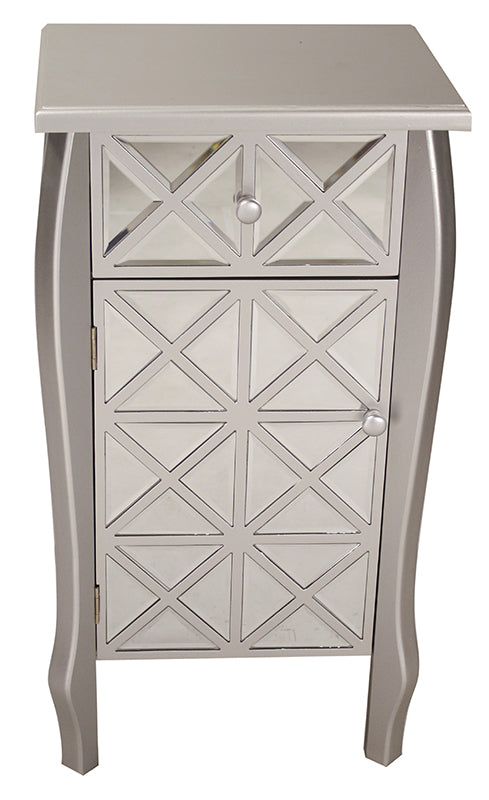 17.3" X 13" X 32.7" Silver MDF Wood Mirrored Glass Accent Cabinet with Mirrored Drawer and Door