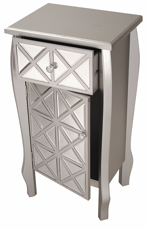 17.3" X 13" X 32.7" Silver MDF Wood Mirrored Glass Accent Cabinet with Mirrored Drawer and Door