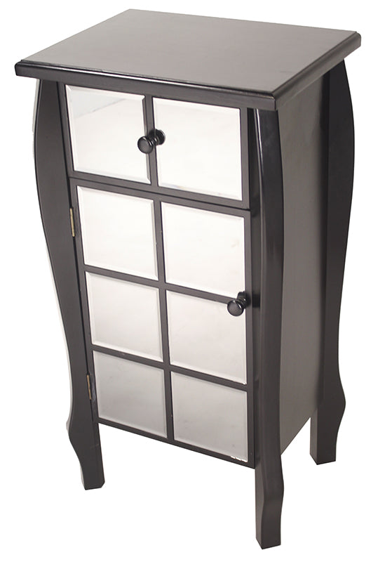 17.3" X 13" X 32.7" Black MDF Wood Mirrored Glass Accent Cabinet with Mirrored Drawer and Door