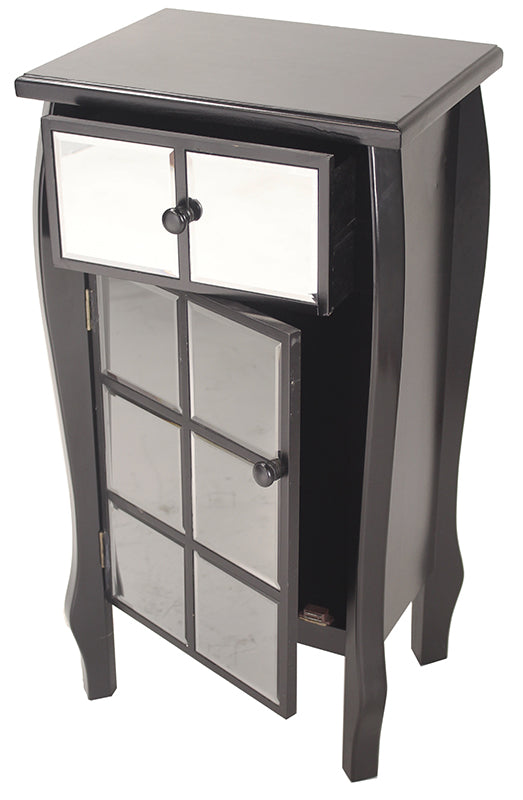 17.3" X 13" X 32.7" Black MDF Wood Mirrored Glass Accent Cabinet with Mirrored Drawer and Door