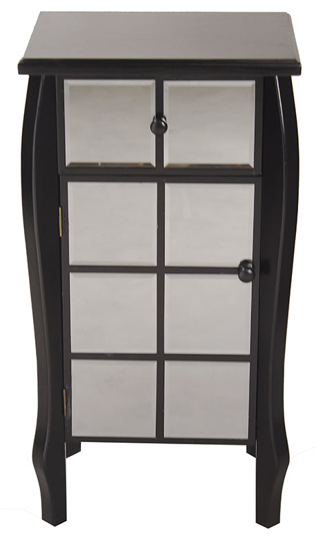 17.3" X 13" X 32.7" Black MDF Wood Mirrored Glass Accent Cabinet with Mirrored Drawer and Door