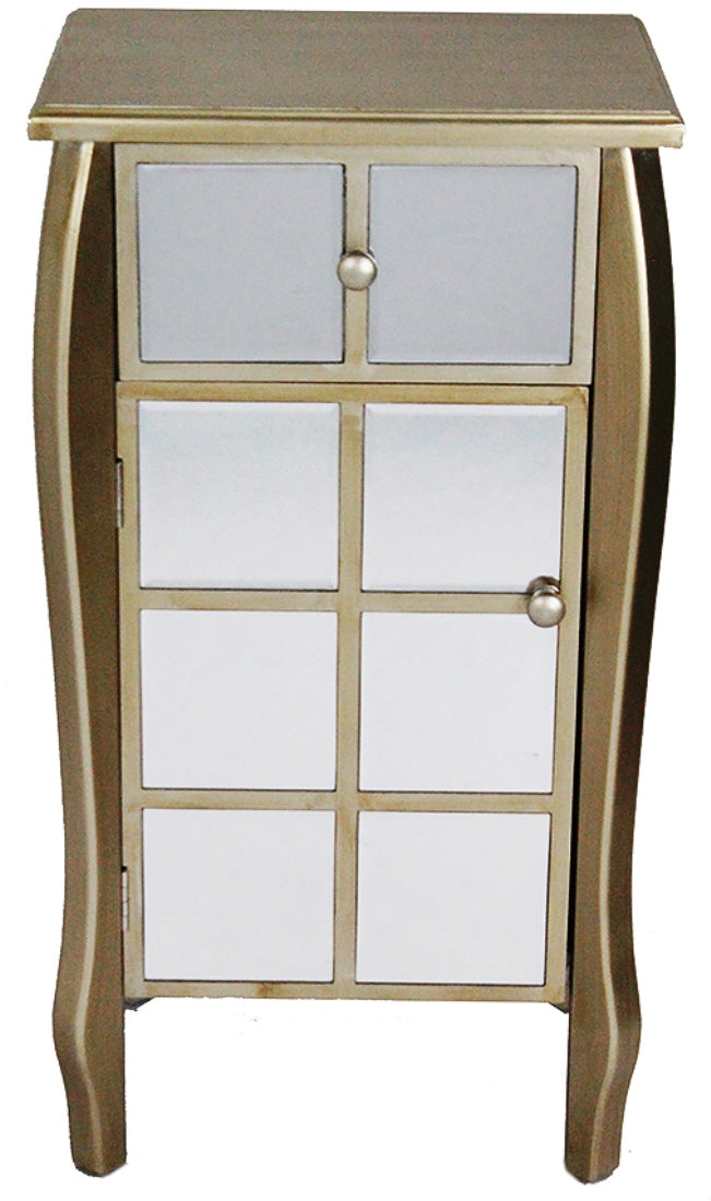 17.3" X 13" X 32.7" Champagne MDF Wood Mirrored Glass Accent Cabinet with Mirrored Drawer and Door