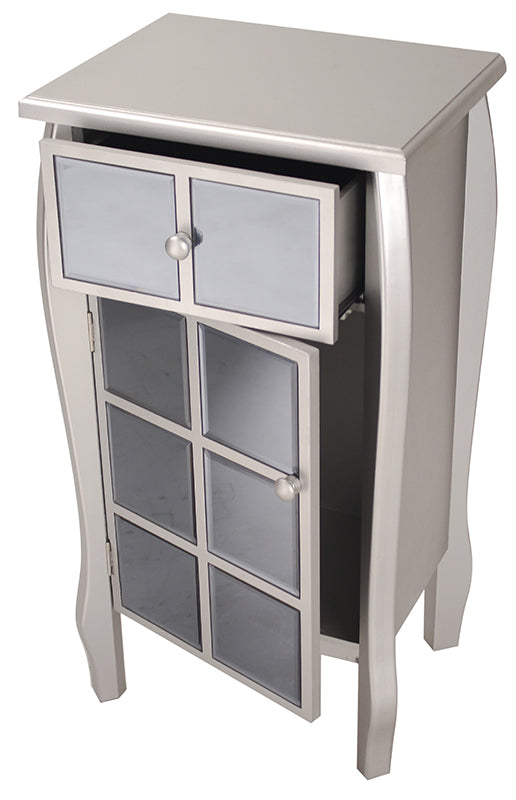 17.3" X 13" X 32.7" Silver with Smoked Mirror MDF Wood Mirrored Glass Accent Cabinet with Mirrored Drawer and Door