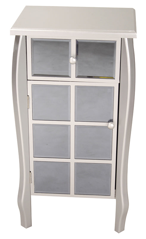 17.3" X 13" X 32.7" Silver with Smoked Mirror MDF Wood Mirrored Glass Accent Cabinet with Mirrored Drawer and Door