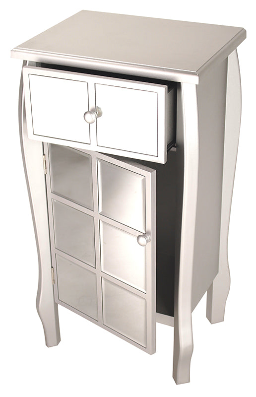 17.3" X 13" X 32.7" Silver MDF Wood Mirrored Glass Accent Cabinet with Mirrored Drawer and Door