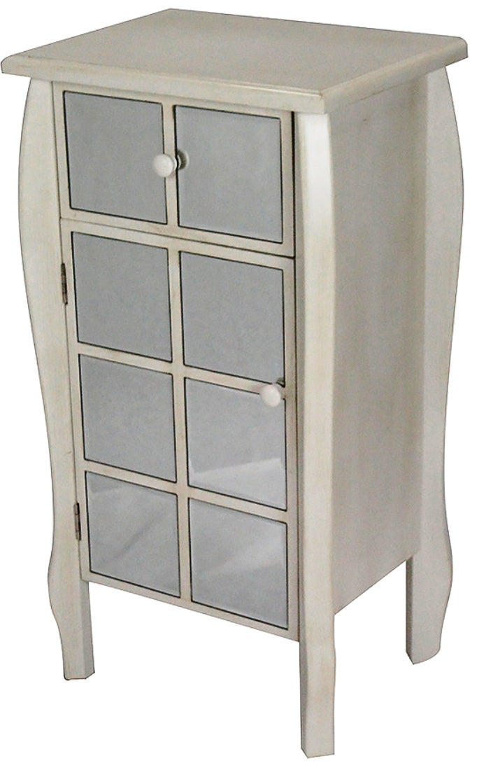 17.3" X 13" X 32.7" Antique White MDF Wood Mirrored Glass Accent Cabinet with Mirrored Drawer and Door