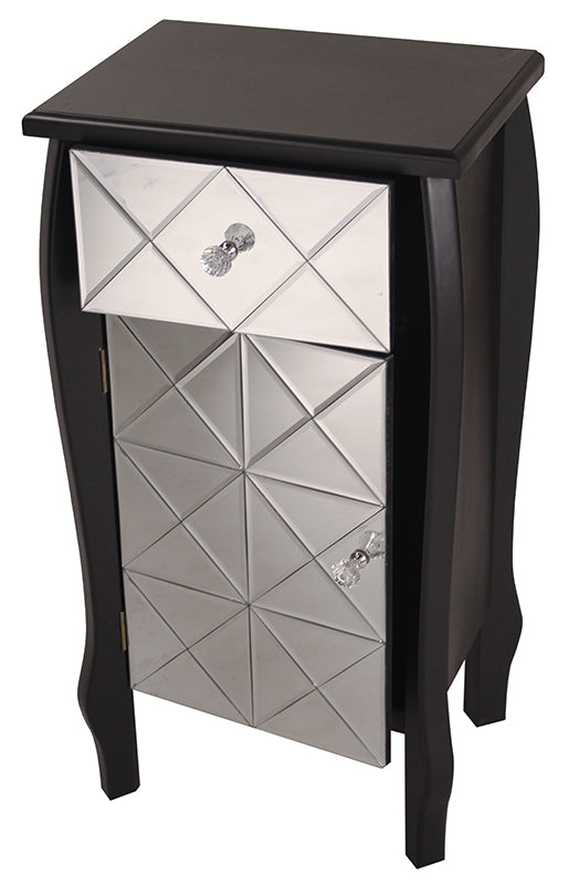 17.3" X 13" X 32.7" Black MDF Wood Mirrored Glass Accent Cabinet with Beveled Mirrored Drawer and Door
