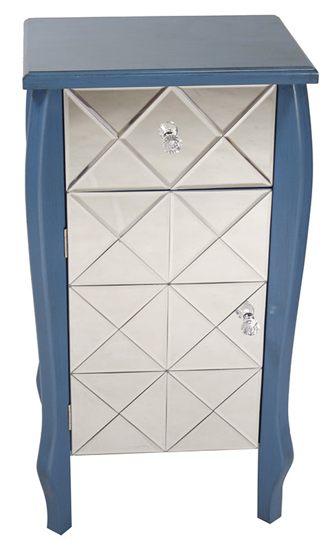 17.3" X 13" X 32.7" Blue MDF Wood Mirrored Glass Accent Cabinet with Beveled Mirrored Drawer and Door