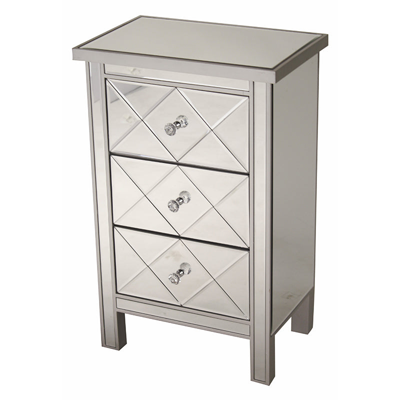 20" X 13" X 31" Silver MDF  Wood  Mirrored Glass Accent Cabinet with  Beveled Mirrored Drawers