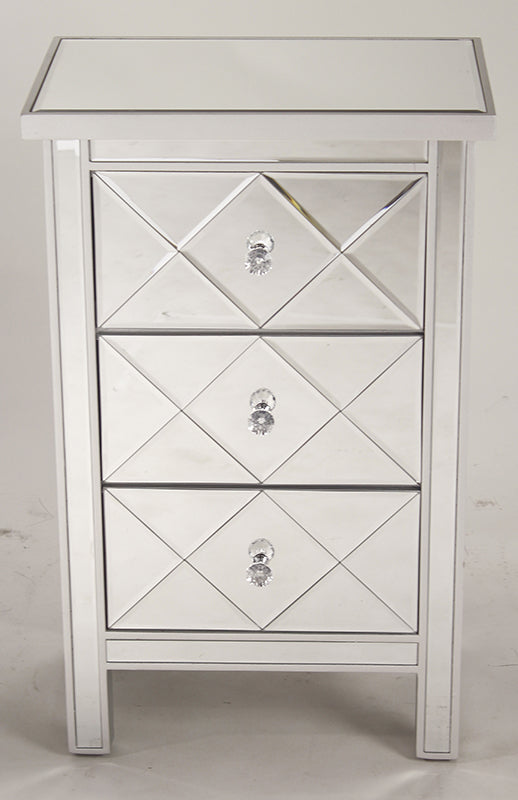 20" X 13" X 31" Silver MDF  Wood  Mirrored Glass Accent Cabinet with  Beveled Mirrored Drawers