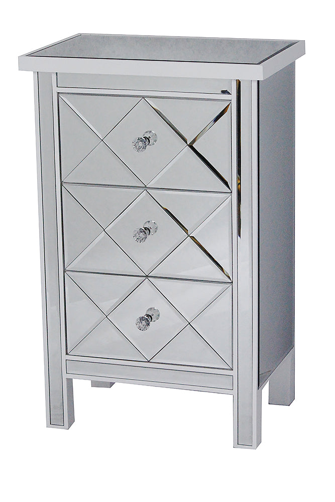 20" X 13" X 31" Antique White MDF  Wood  Mirrored Glass Accent Cabinet with  Beveled Mirrored Drawers