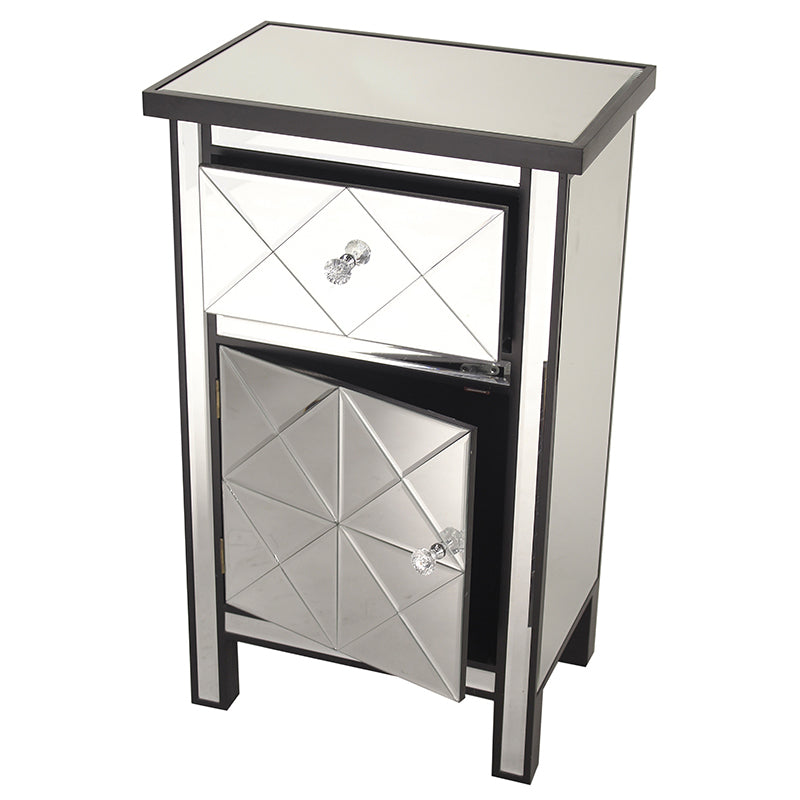 20" X 13" X 32.7" Black MDF Wood Mirrored Glass Cabinet with a Drawer and a Door