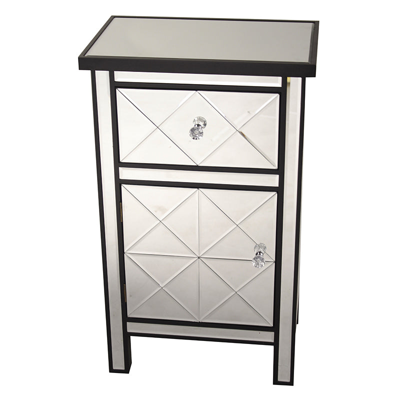 20" X 13" X 32.7" Black MDF Wood Mirrored Glass Cabinet with a Drawer and a Door