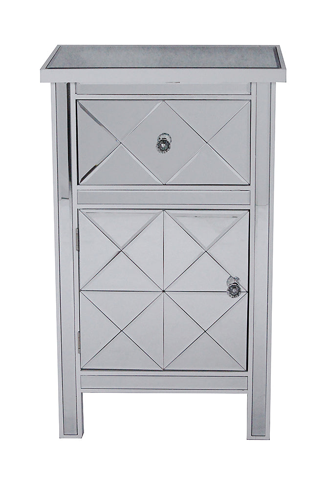 20" X 13" X 32.7" White MDF Wood Mirrored Glass Cabinet with a Drawer and a Door