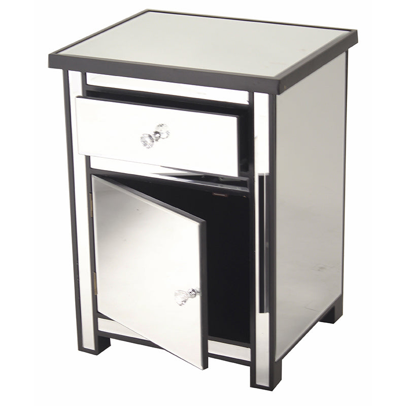 19.29" X 15.75" X 25.2" Black MDF Wood Mirrored Glass Accent Cabinet with a Mirrored Glass Drawer and Door