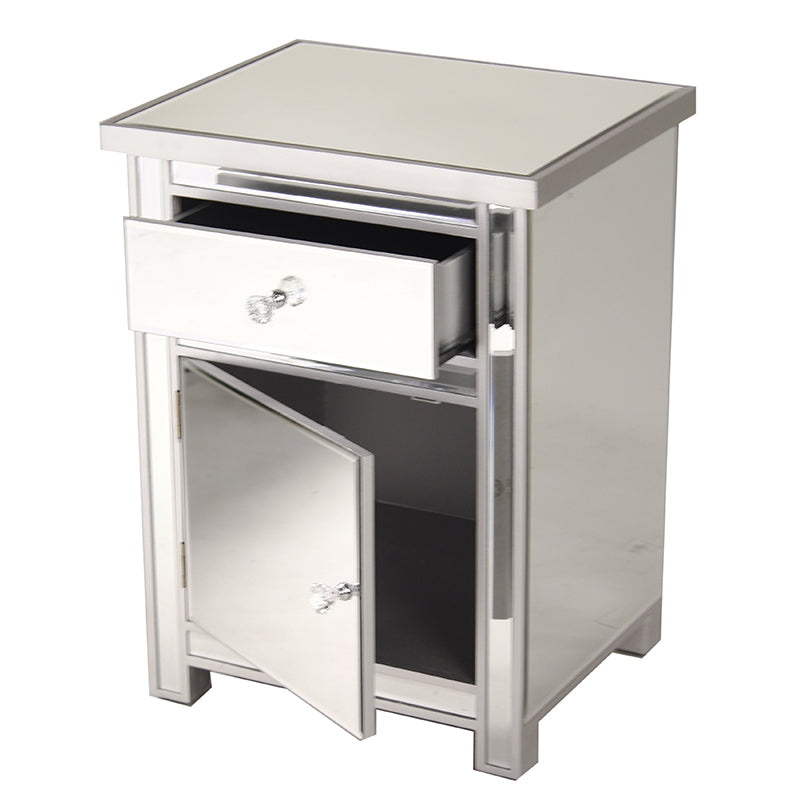 19.29" X 15.75" X 25.2" Silver MDF Wood Mirrored Glass Accent Cabinet with a Mirrored Glass Drawer and Door