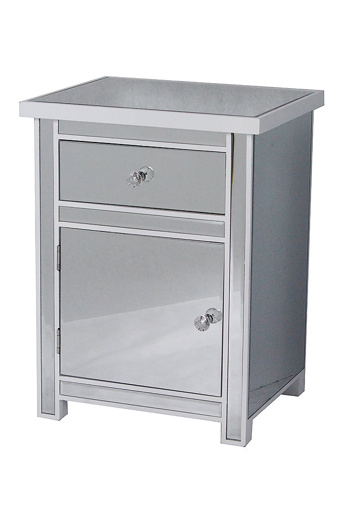 19.29" X 15.75" X 25.2" Antique White MDF Wood Mirrored Glass Accent Cabinet with a Mirrored Glass Drawer and Door