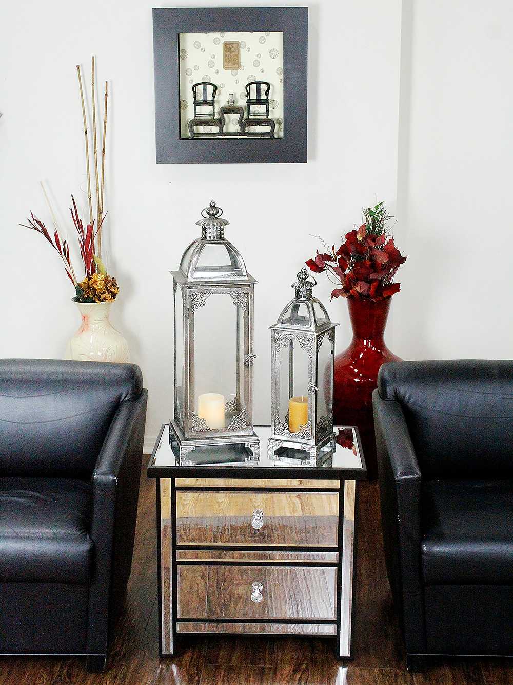 23" X 15.75" X 22" Black MDF Wood Mirrored Glass Accent Cabinet with Mirrored Drawers