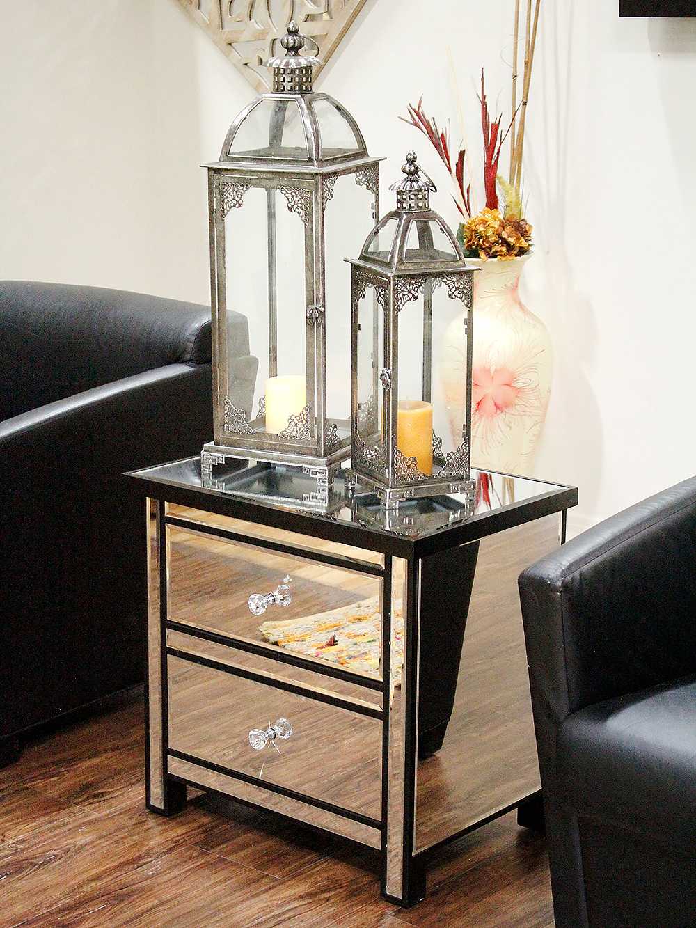 23" X 15.75" X 22" Black MDF Wood Mirrored Glass Accent Cabinet with Mirrored Drawers