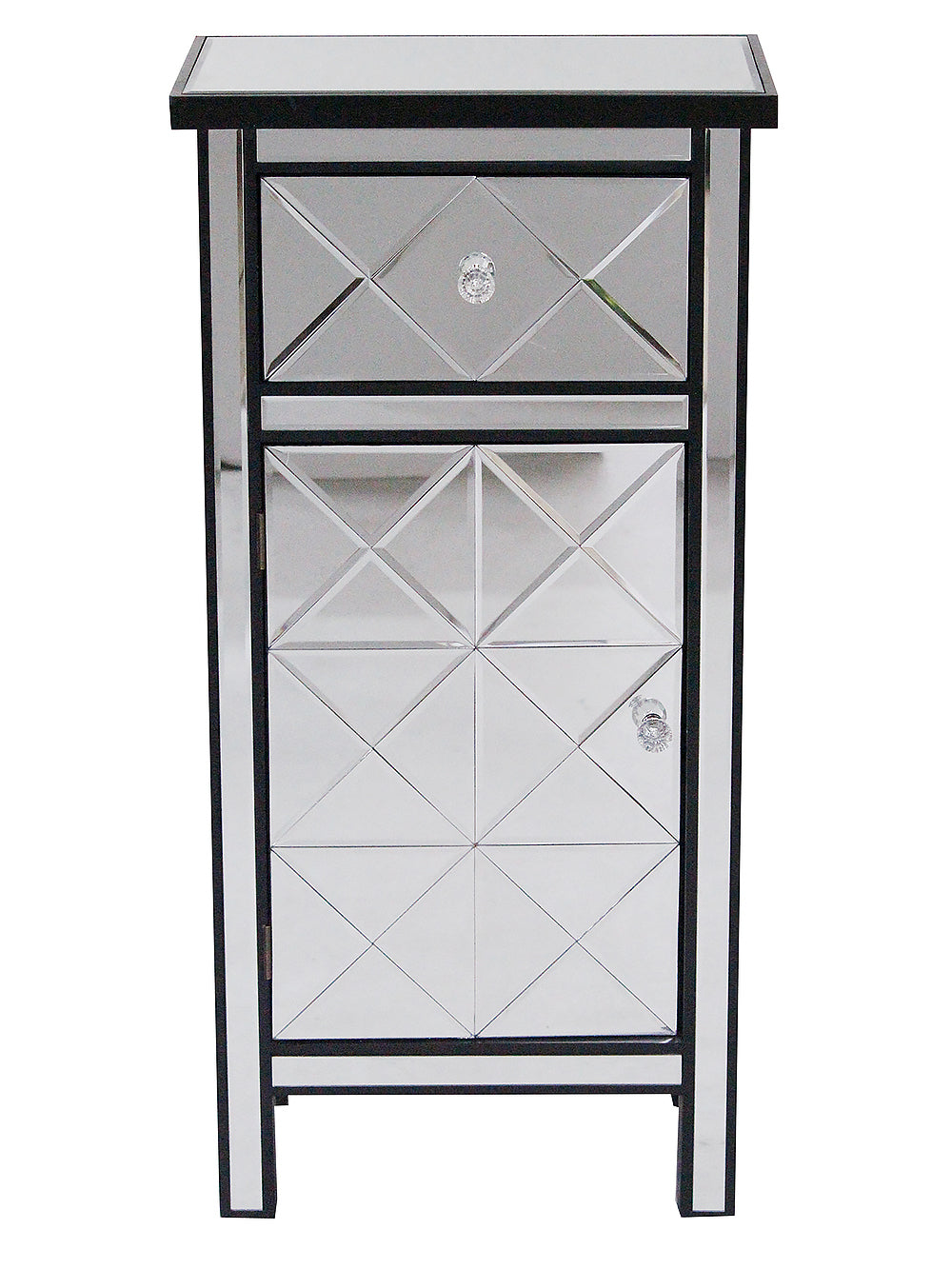 20" X 13" X 39.76" Black MDF Wood Mirrored Glass Tall Accent Cabinet with Beveled Mirror Drawer and Door