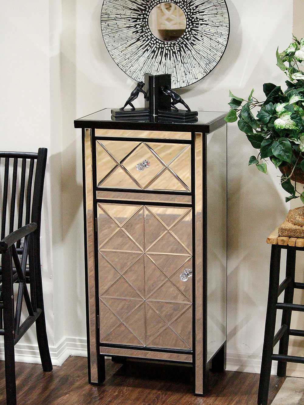 20" X 13" X 39.76" Black MDF Wood Mirrored Glass Tall Accent Cabinet with Beveled Mirror Drawer and Door