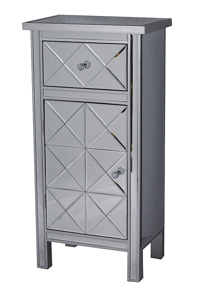 20" X 13" X 39.76" Silver MDF Wood Mirrored Glass Tall Accent Cabinet with Beveled Mirror Drawer and Door