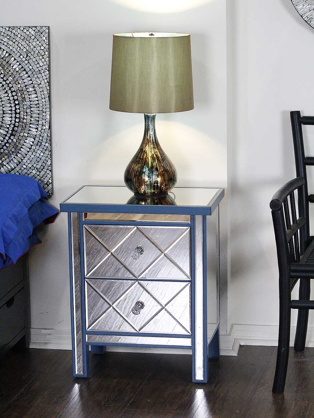 20" X 13" X 25.75" Blue MDF Wood Mirrored Glass Accent Cabinet with Beveled Glass Drawers