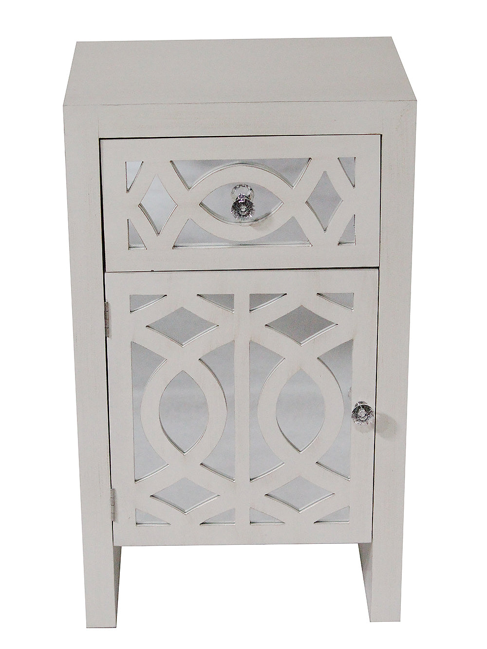 18" X 13" X 30.5" Antique White MDF Wood Mirrored Glass Accent Cabinet with Mirrored Glass Door and Drawer