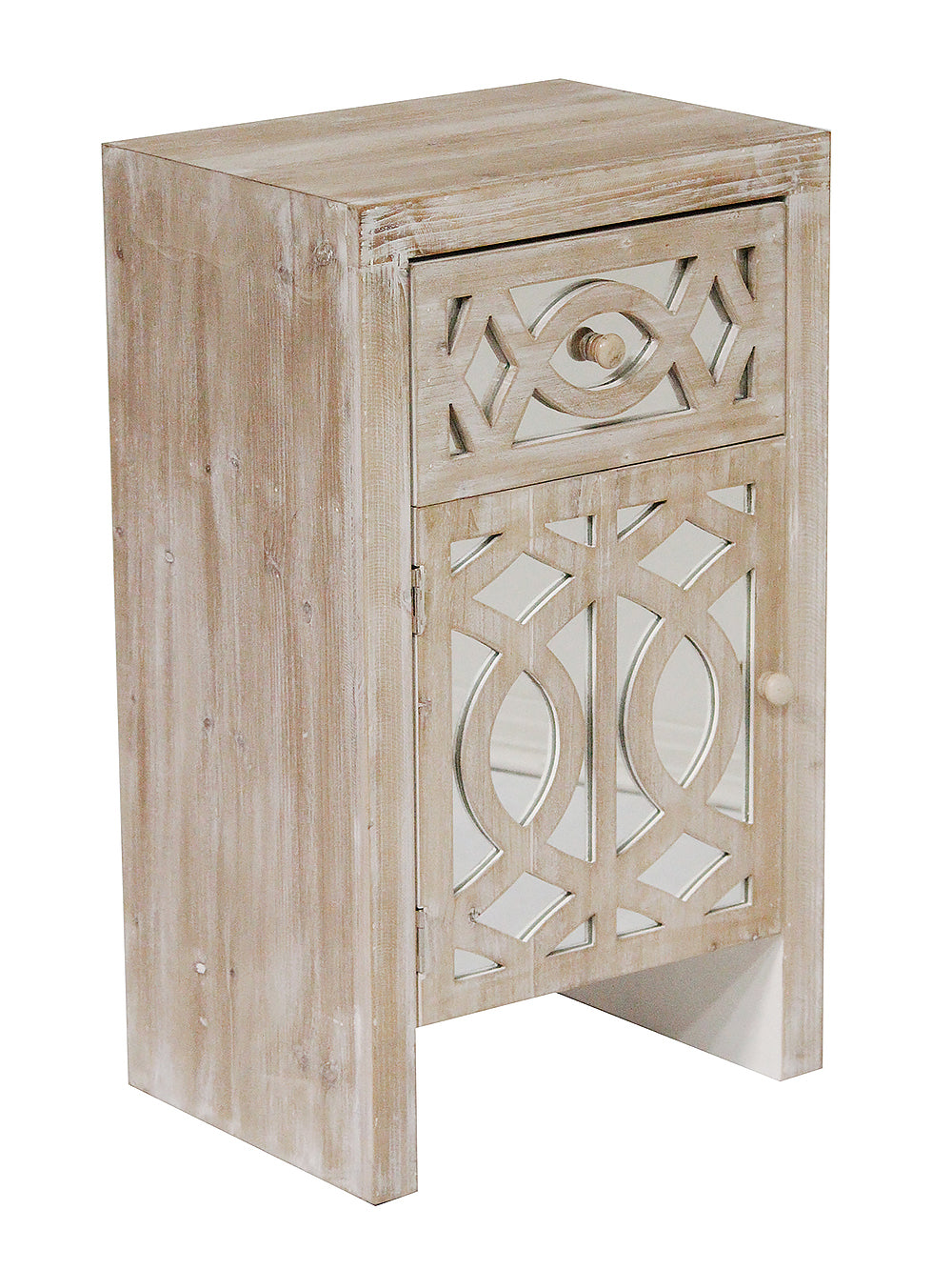 18" X 13" X 30.5" White Washed MDF Wood Mirrored Glass Accent Cabinet with Mirrored Glass Door and Drawer