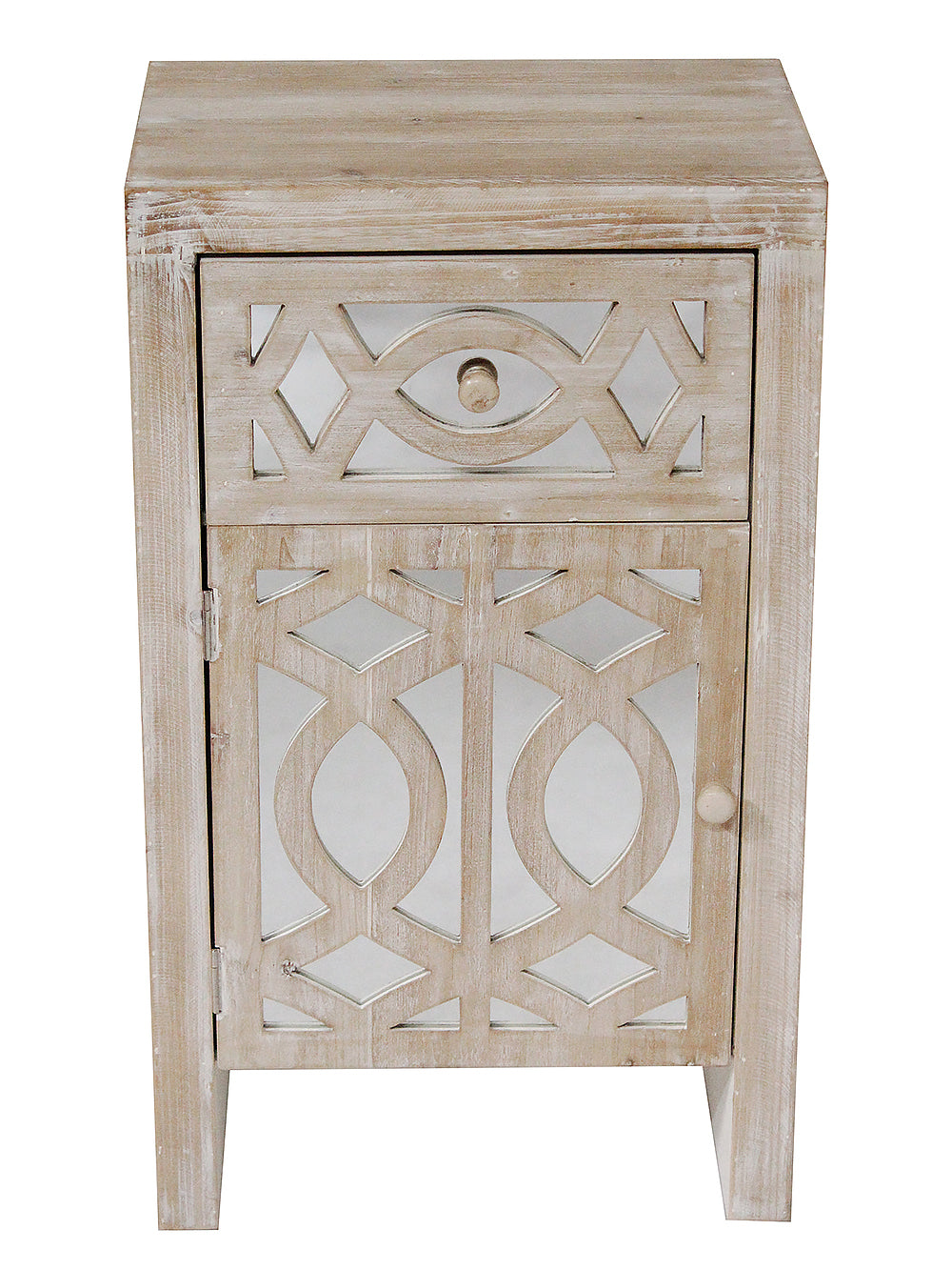 18" X 13" X 30.5" White Washed MDF Wood Mirrored Glass Accent Cabinet with Mirrored Glass Door and Drawer